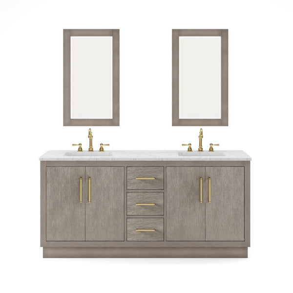 Water Creation HU72CW06GK-R21000000 HUGO 72W x 34.3H Gray Oak Double-Sink Vanity with Carrara White Marble Countertop + Mirrors (C)