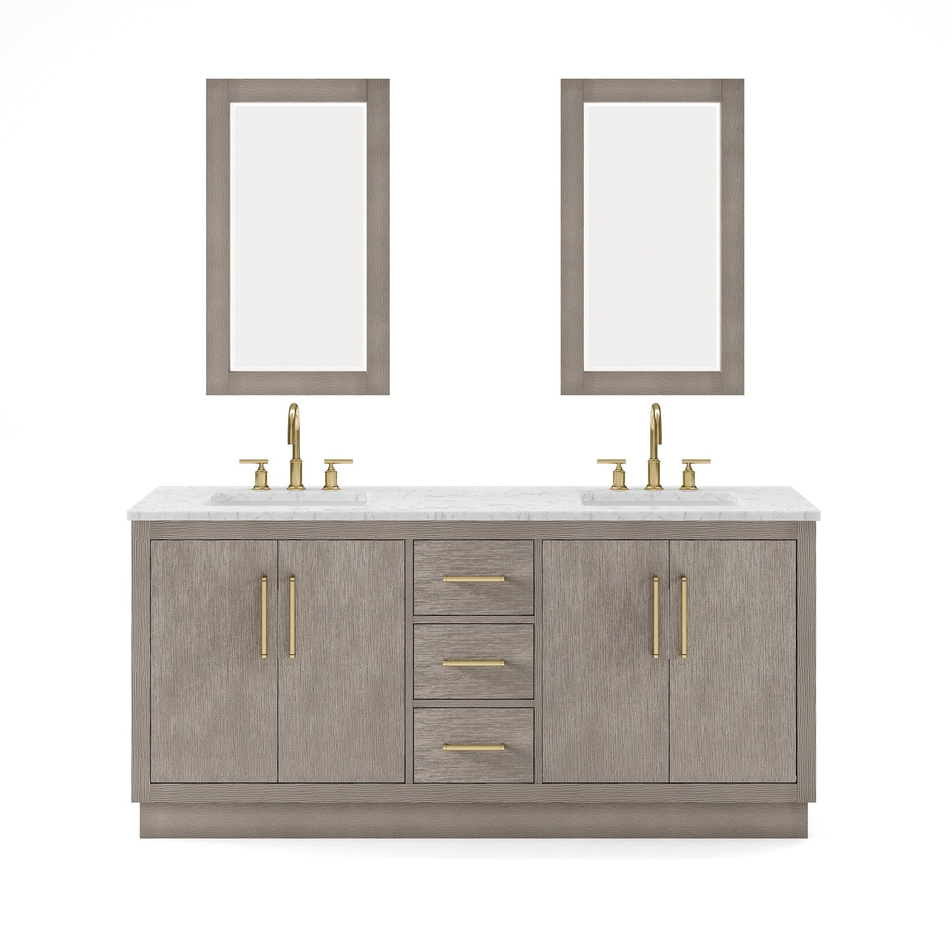 Water Creation HU72CW06GK-R21BL1406 HUGO 72"W x 34.3"H Gray Oak Double-Sink Vanity with Carrara White Marble Countertop + Gooseneck Faucets and Mirrors (C)