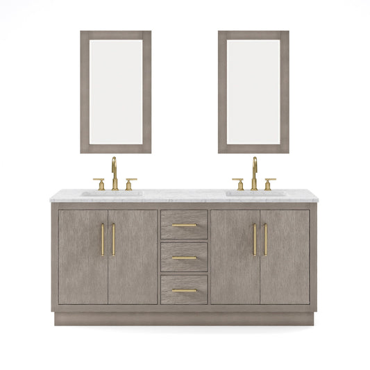 Water Creation HU72CW06GK-R21BL1406 HUGO 72"W x 34.3"H Gray Oak Double-Sink Vanity with Carrara White Marble Countertop + Gooseneck Faucets and Mirrors (C)