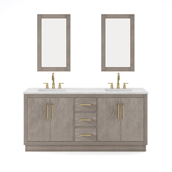 Water Creation HU72CW06GK-R21BL1406 HUGO 72W x 34.3H Gray Oak Double-Sink Vanity with Carrara White Marble Countertop + Gooseneck Faucets and Mirrors (C)