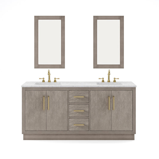 Water Creation HU72CW06GK-R21TL1206 HUGO 72"W x 34.3"H Gray Oak Double-Sink Vanity with Carrara White Marble Countertop + Hook Faucets and Mirrors (C)