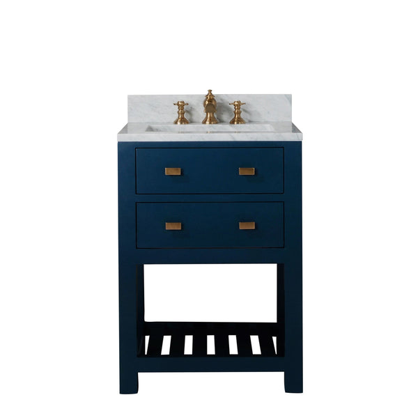 Water Creation MA24CW06MB-000FX1306 MADALYN 24W x 34H Monarch Blue Single-Sink Vanity with Carrara White Marble Countertop + Faucets (F2-0013)