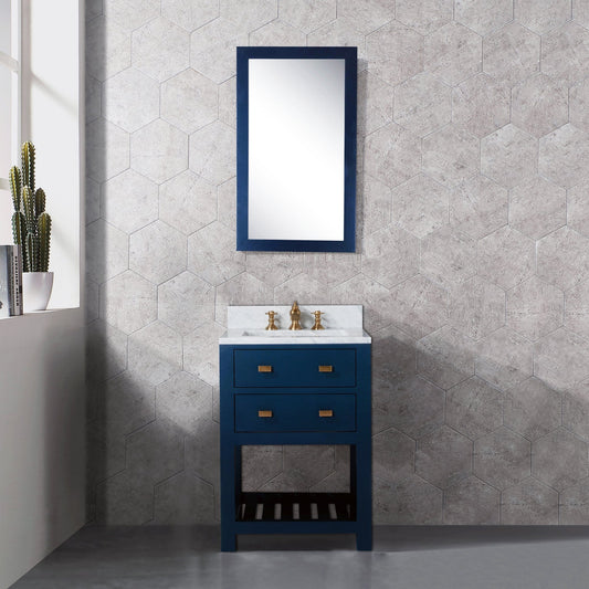 Water Creation MA24CW06MB-000FX1306 MADALYN 24"W x 34"H Monarch Blue Single-Sink Vanity with Carrara White Marble Countertop + Faucets (F2-0013)