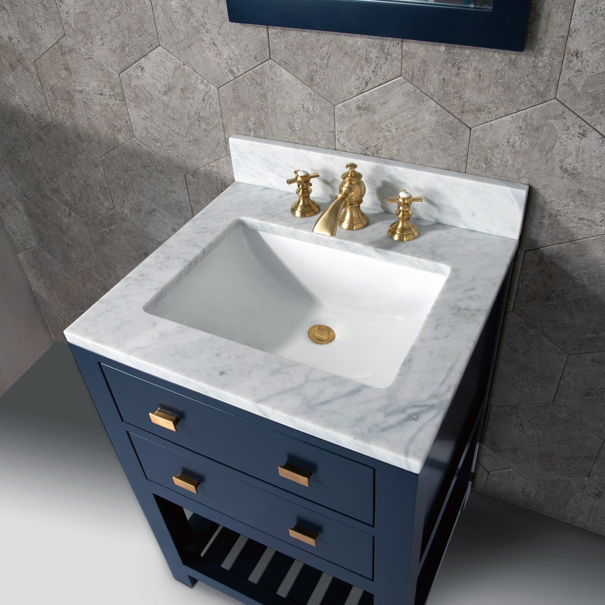 Water Creation MA24CW06MB-000FX1306 MADALYN 24"W x 34"H Monarch Blue Single-Sink Vanity with Carrara White Marble Countertop + Faucets (F2-0013)