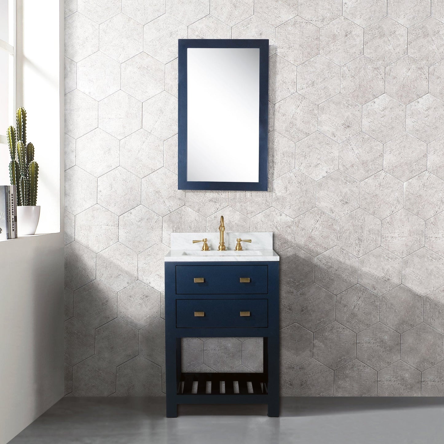 Water Creation MA24CW06MB-000TL1206 MADALYN 24"W x 34"H Monarch Blue Single-Sink Vanity with Carrara White Marble Countertop + Faucets (F2-0012)