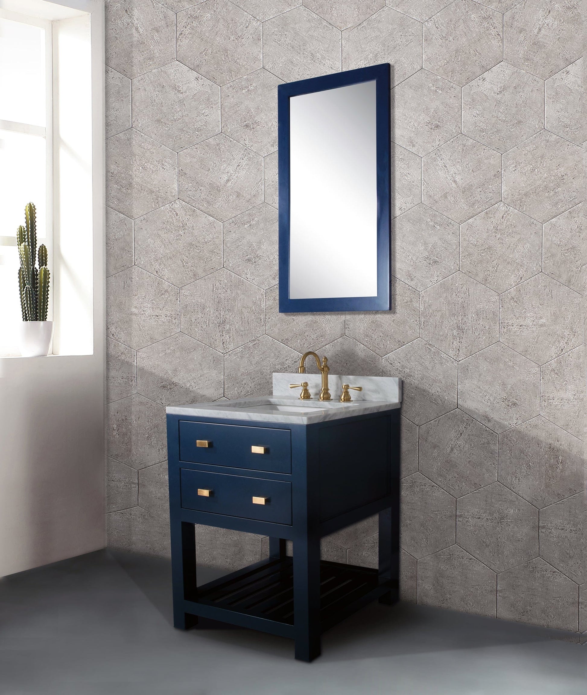 Water Creation MA24CW06MB-R21000000 MADALYN 24"W x 34"H Monarch Blue Single-Sink Vanity with Carrara White Marble Countertop + Mirror