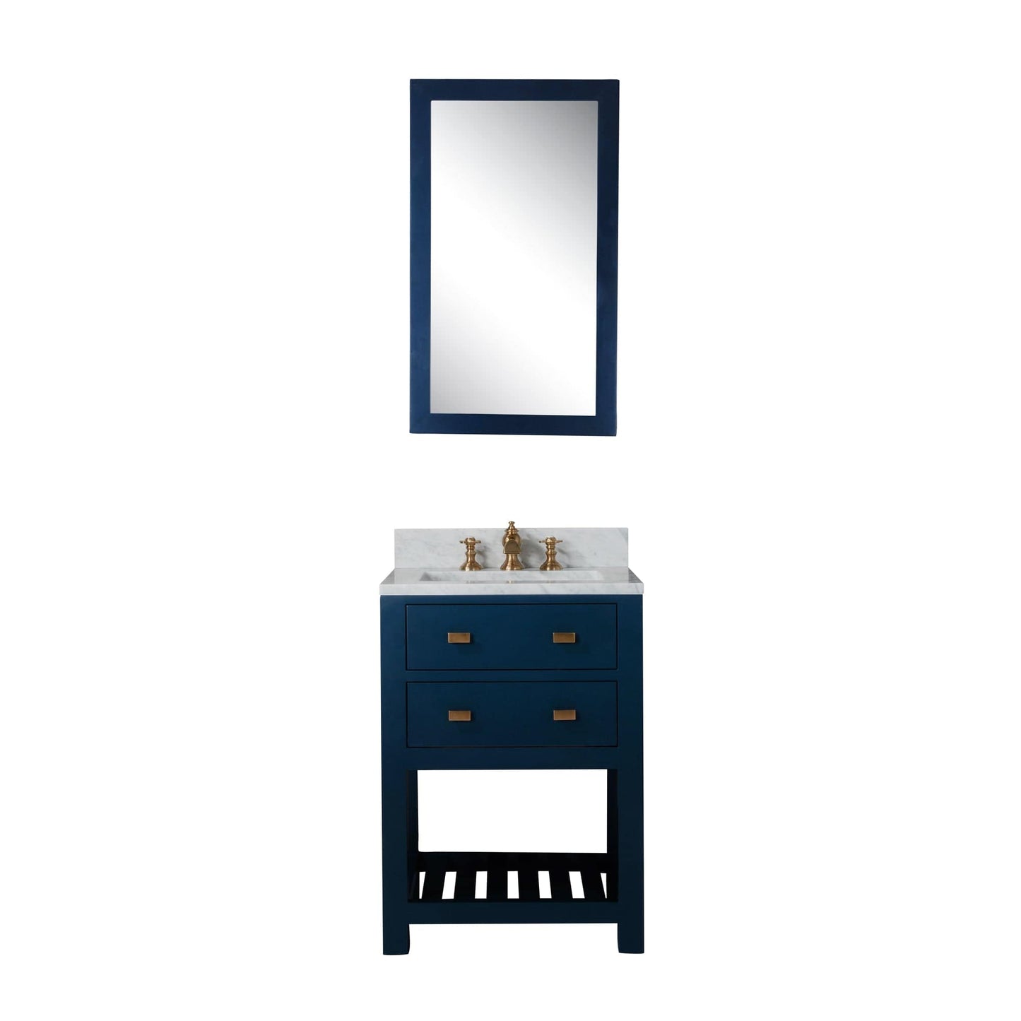 Water Creation MA24CW06MB-R21FX1306 MADALYN 24"W x 34"H Monarch Blue Single-Sink Vanity with Carrara White Marble Countertop + Faucets & Mirror (F2-0013)