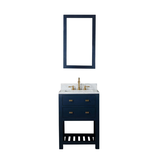 Water Creation MA24CW06MB-R21TL1206 MADALYN 24"W x 34"H Monarch Blue Single-Sink Vanity with Carrara White Marble Countertop + Faucets & Mirror (F2-0012)