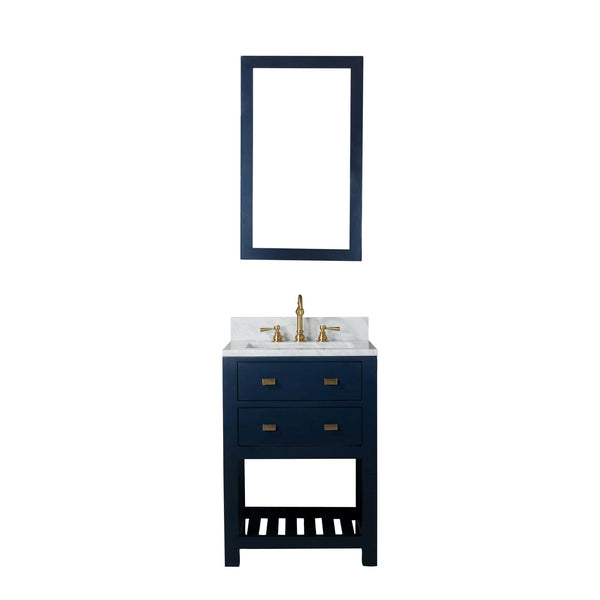 Water Creation MA24CW06MB-R21TL1206 MADALYN 24W x 34H Monarch Blue Single-Sink Vanity with Carrara White Marble Countertop + Faucets & Mirror (F2-0012)