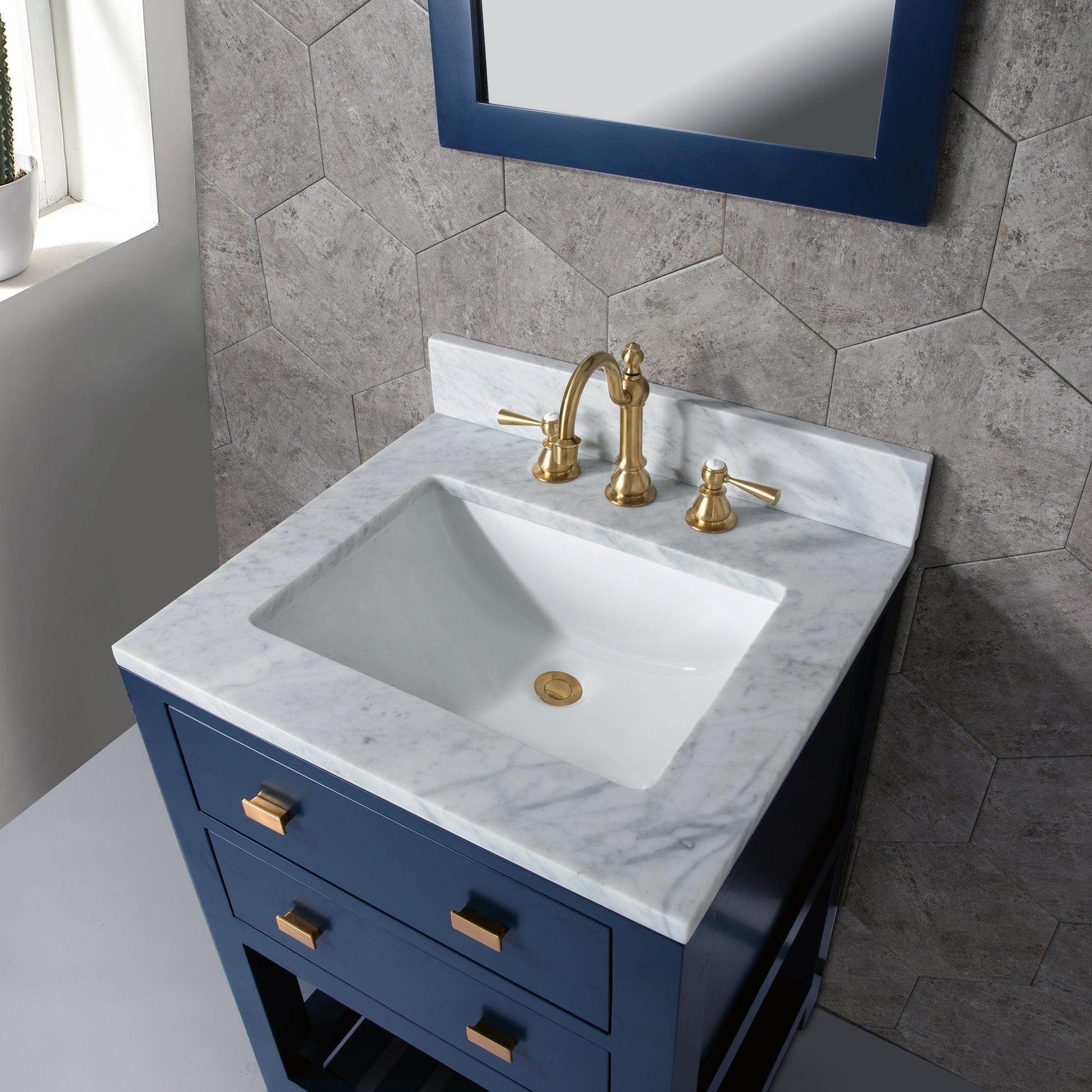 Water Creation MA24CW06MB-R21TL1206 MADALYN 24"W x 34"H Monarch Blue Single-Sink Vanity with Carrara White Marble Countertop + Faucets & Mirror (F2-0012)