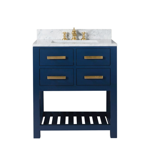 Water Creation MA30CW06MB-000FX1306 MADALYN 30W x 34H Monarch Blue Single-Sink Vanity with Carrara White Marble Countertop + Faucets (F2-0013)