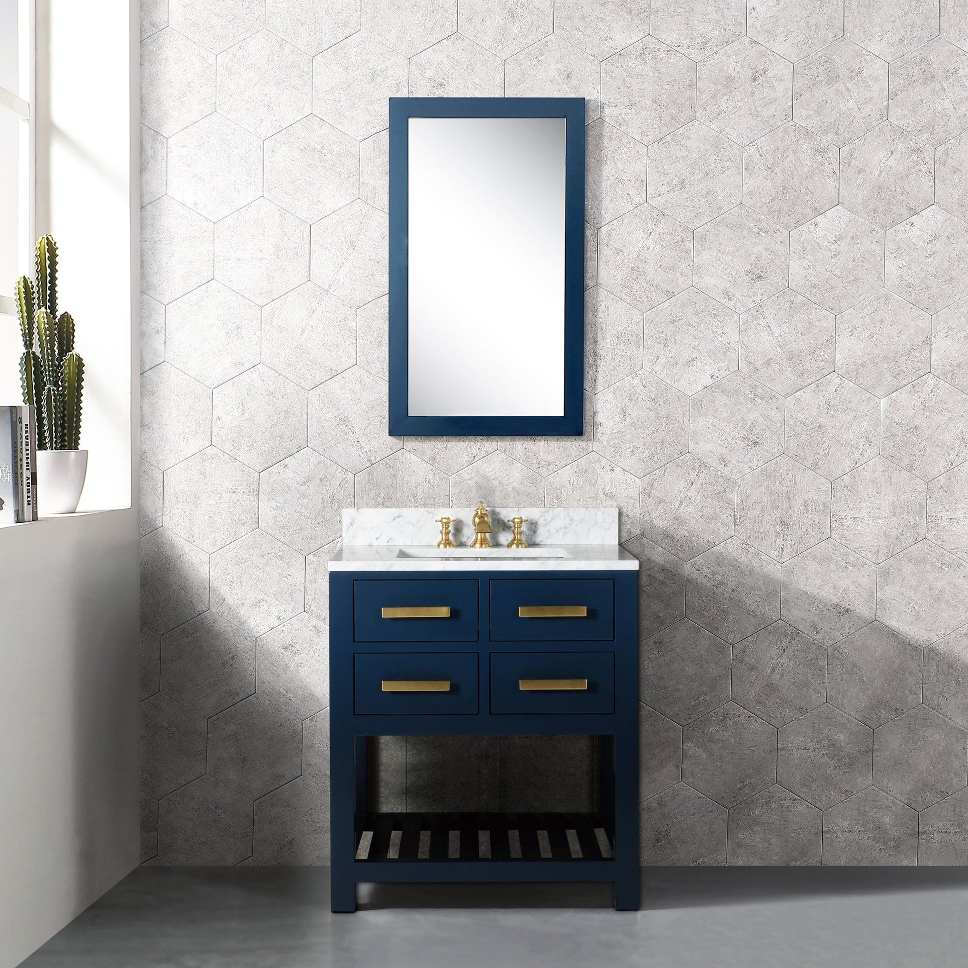 Water Creation MA30CW06MB-000FX1306 MADALYN 30"W x 34"H Monarch Blue Single-Sink Vanity with Carrara White Marble Countertop + Faucets (F2-0013)