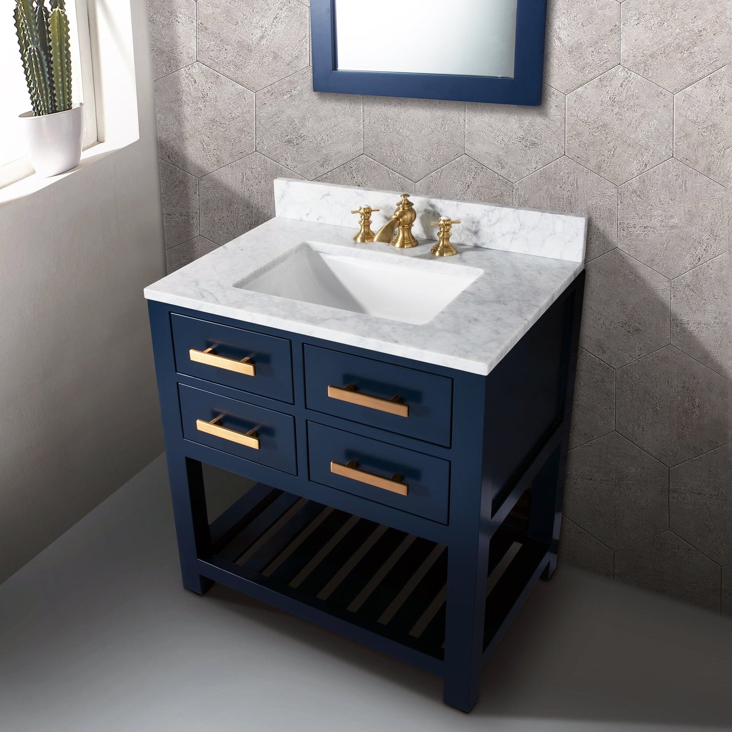 Water Creation MA30CW06MB-000FX1306 MADALYN 30"W x 34"H Monarch Blue Single-Sink Vanity with Carrara White Marble Countertop + Faucets (F2-0013)