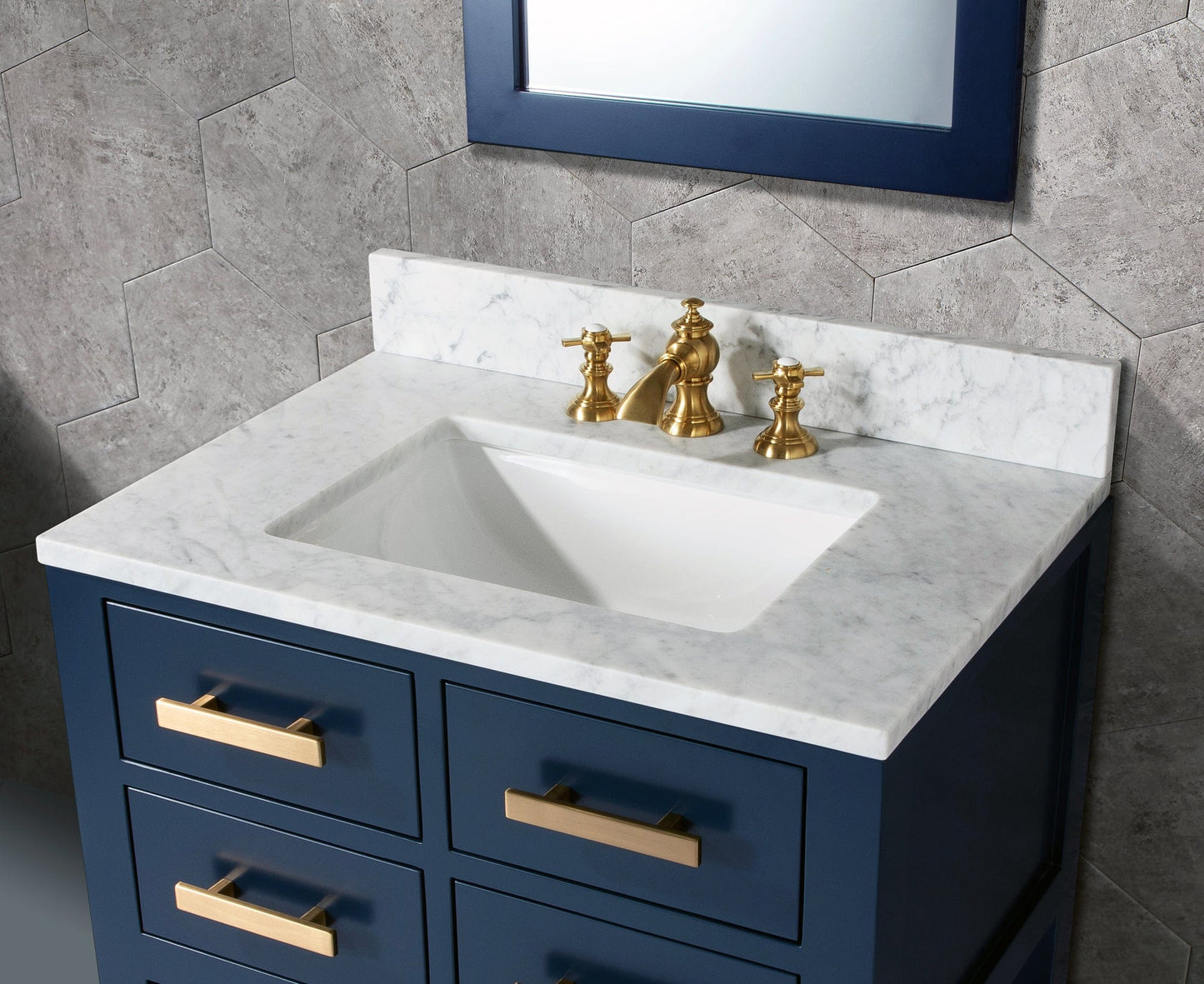 Water Creation MA30CW06MB-000FX1306 MADALYN 30"W x 34"H Monarch Blue Single-Sink Vanity with Carrara White Marble Countertop + Faucets (F2-0013)