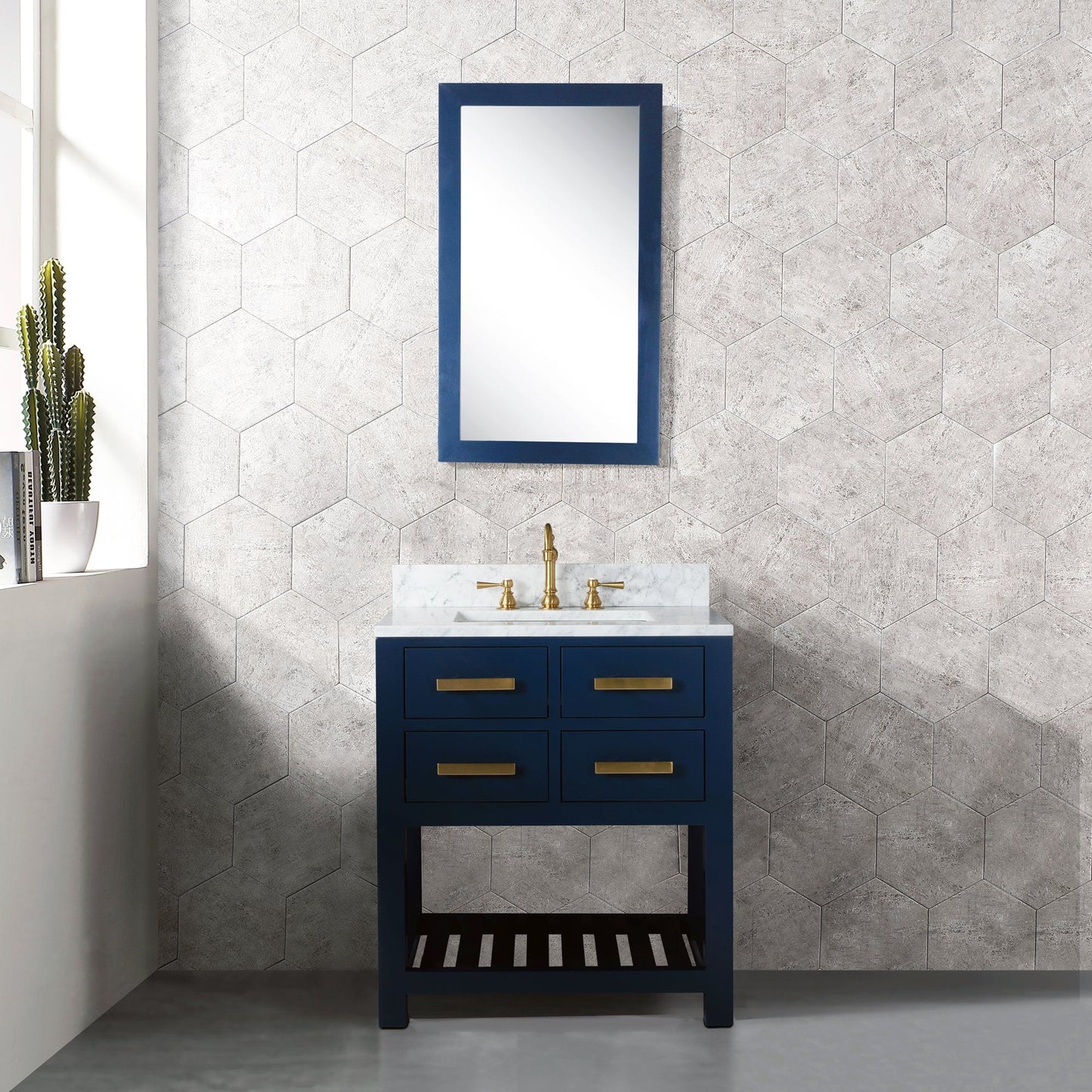 Water Creation MA30CW06MB-000TL1206 MADALYN 30"W x 34"H Monarch Blue Single-Sink Vanity with Carrara White Marble Countertop + Faucets (F2-0012)