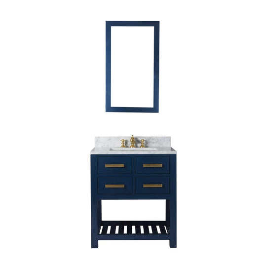 Water Creation MA30CW06MB-R21FX1306 MADALYN 30"W x 34"H Monarch Blue Single-Sink Vanity with Carrara White Marble Countertop + Faucets & Mirror (F2-0013)