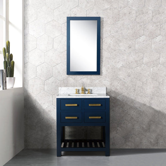 Water Creation MA30CW06MB-R21FX1306 MADALYN 30"W x 34"H Monarch Blue Single-Sink Vanity with Carrara White Marble Countertop + Faucets & Mirror (F2-0013)