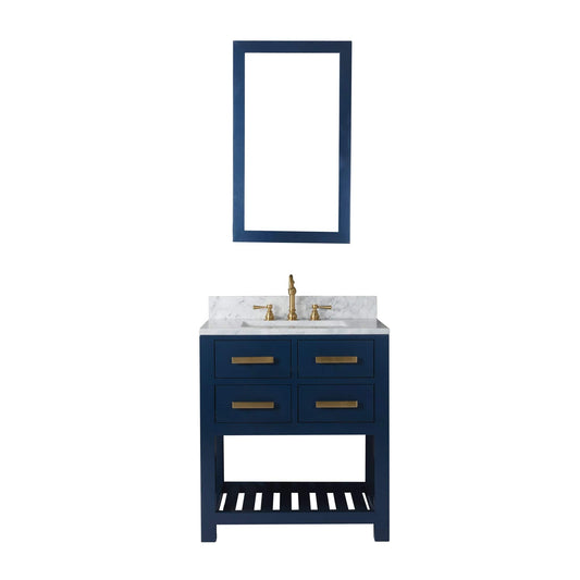 Water Creation MA30CW06MB-R21TL1206 MADALYN 30"W x 34"H Monarch Blue Single-Sink Vanity with Carrara White Marble Countertop + Faucets & Mirror (F2-0012)