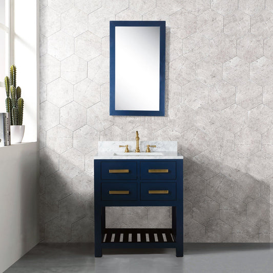 Water Creation MA30CW06MB-R21TL1206 MADALYN 30"W x 34"H Monarch Blue Single-Sink Vanity with Carrara White Marble Countertop + Faucets & Mirror (F2-0012)