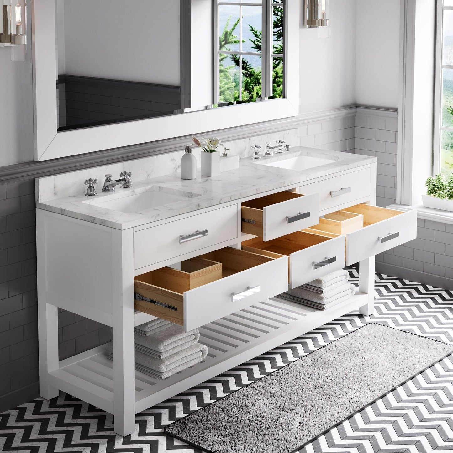 Water Creation MA72CW01PW-R72BX0901 MADALYN 72"W x 34"H Pure White Double-Sink Vanity + Faucets & Mirror