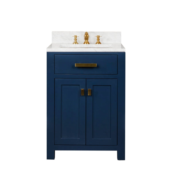 Water Creation MS24CW06MB-000FX1306 MADISON 24W x 34H Monarch Blue Single-Sink Vanity with Carrara White Marble Countertop + Faucets (F2-0013-06-FX)