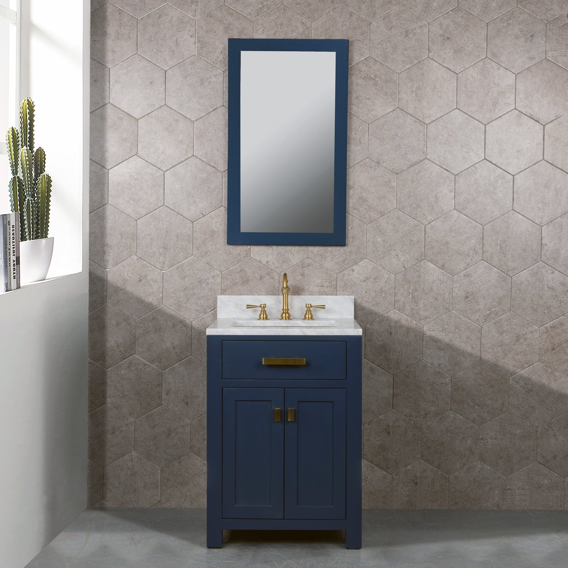 Water Creation MS24CW06MB-000TL1206 MADISON 24"W x 34"H Monarch Blue Single-Sink Vanity with Carrara White Marble Countertop + Faucets (F2-0012-06-TL)