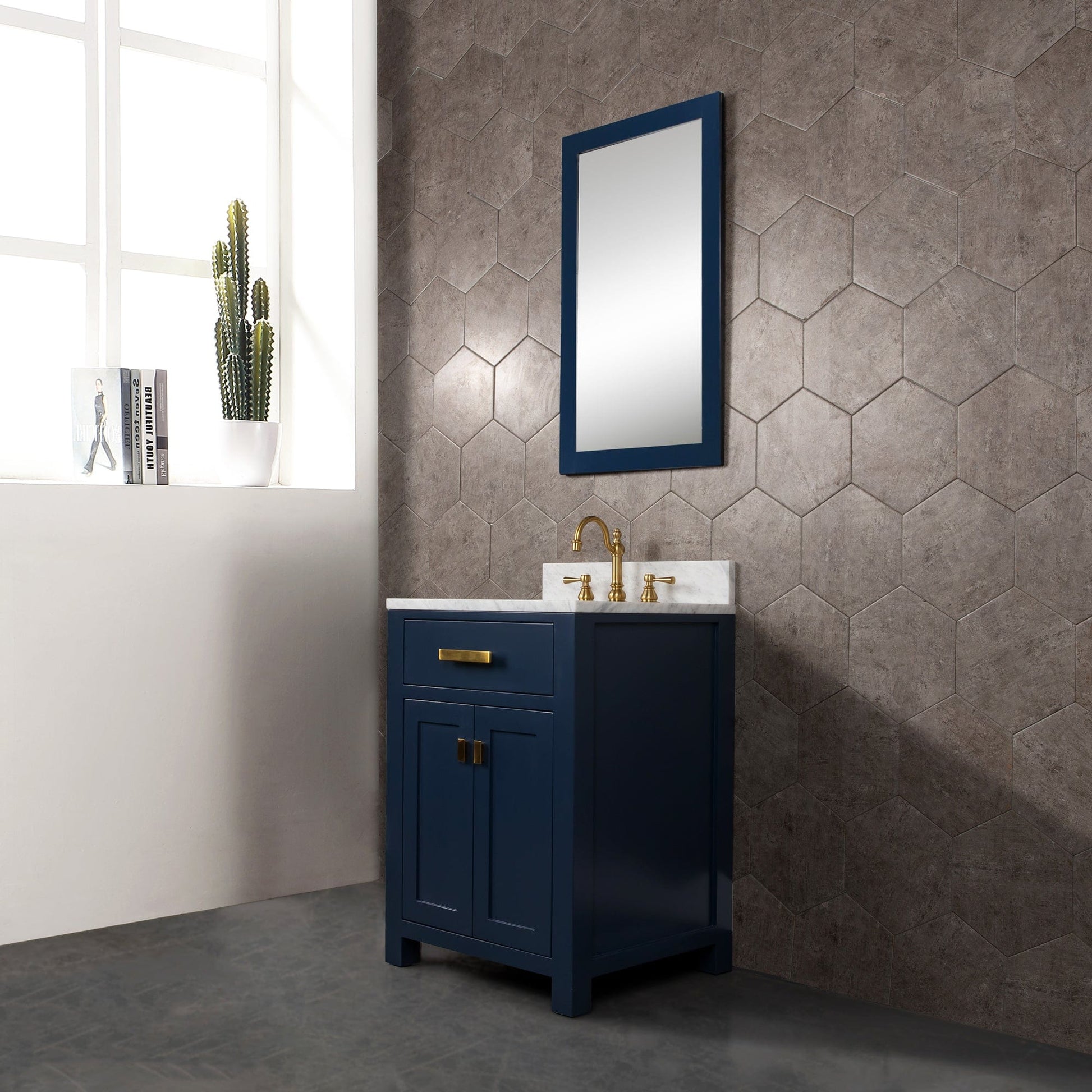 Water Creation MS24CW06MB-000TL1206 MADISON 24"W x 34"H Monarch Blue Single-Sink Vanity with Carrara White Marble Countertop + Faucets (F2-0012-06-TL)