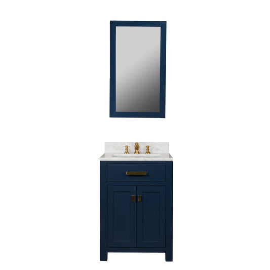 Water Creation MS24CW06MB-R21FX1306 MADISON 24"W x 34"H Monarch Blue Single-Sink Vanity with Carrara White Marble Countertop + Faucets & Mirror (F2-0013-06-FX)