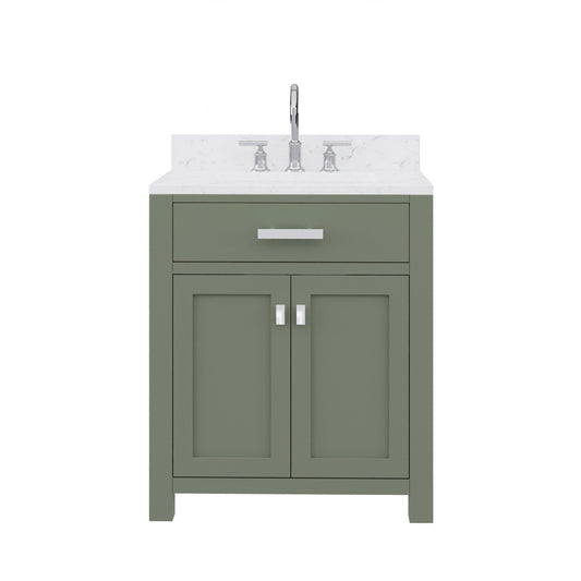 Water Creation MS30CW01GN-000BL1401 MADISON 30"W x 34"H Glacial Green Single-Sink Vanity with Carrara White Marble Countertop + Gooseneck Faucet