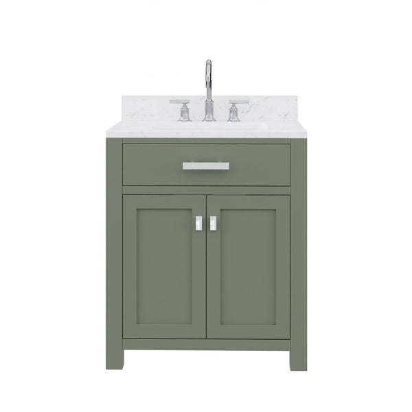 Water Creation MS30CW01GN-000BL1401 MADISON 30W x 34H Glacial Green Single-Sink Vanity with Carrara White Marble Countertop + Gooseneck Faucet