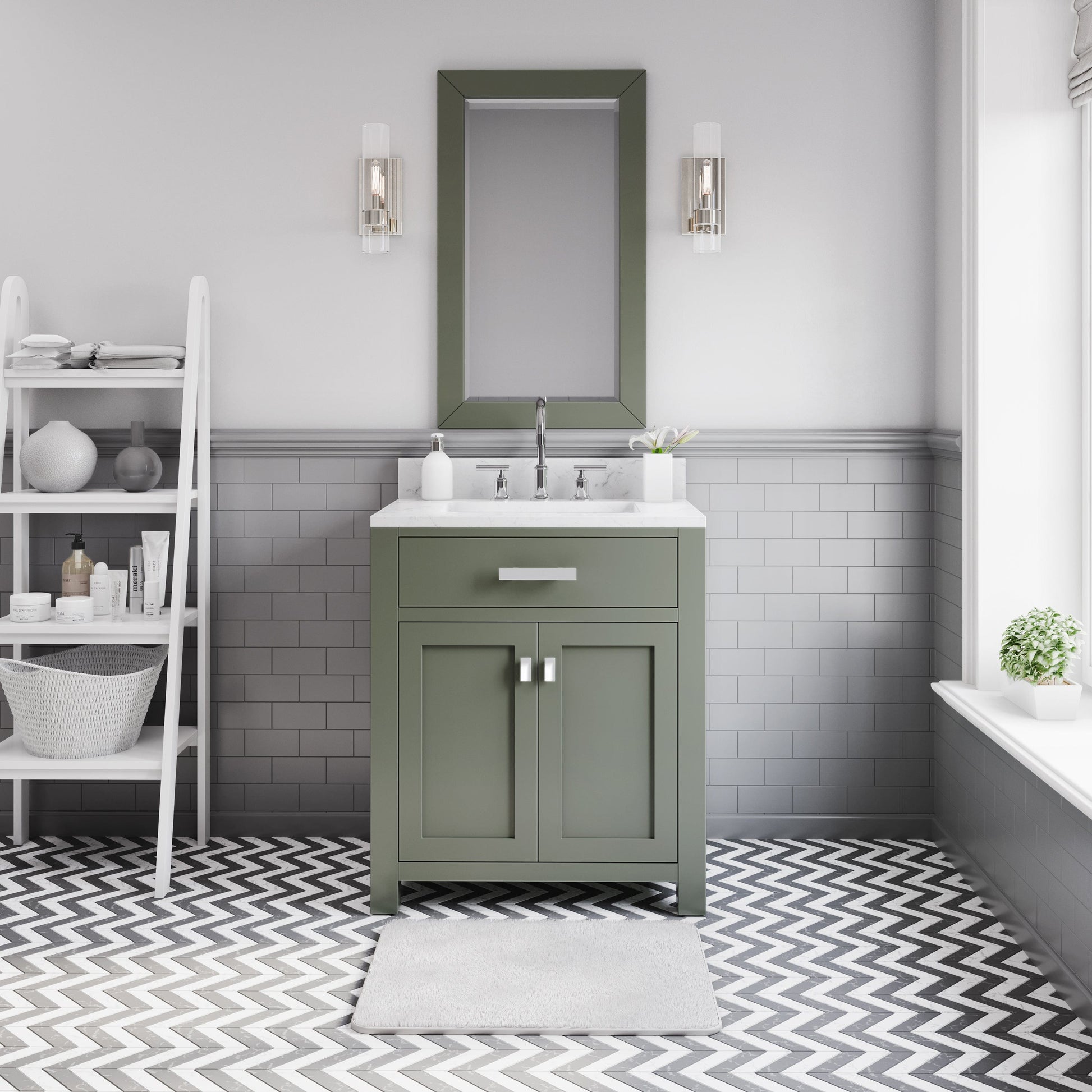 Water Creation MS30CW01GN-R21BL1401 MADISON 30"W x 34"H Glacial Green Single-Sink Vanity with Carrara White Marble Countertop + Gooseneck Faucet and Mirror