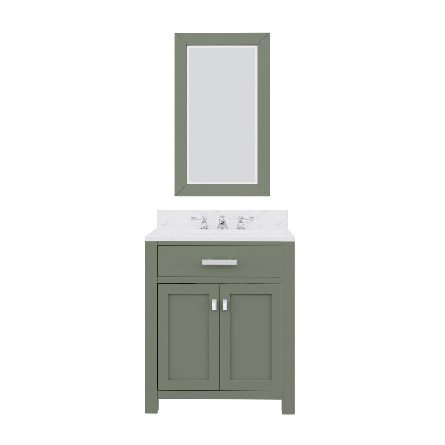 Water Creation MS30CW01GN-R21TL0901 MADISON 30"W x 34"H Glacial Green Single-Sink Vanity with Carrara White Marble Countertop + Classic Faucet and Mirror