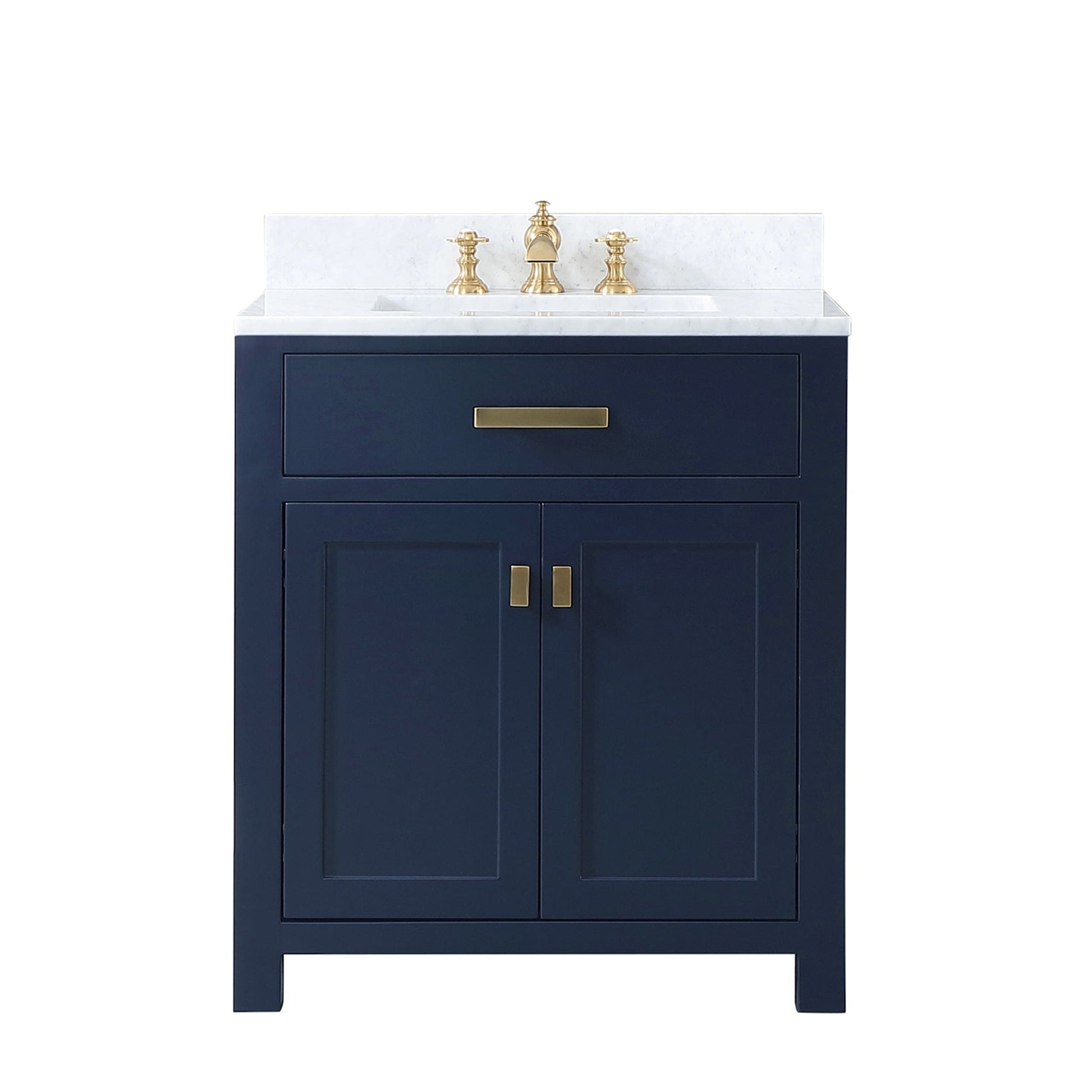 Water Creation MS30CW06MB-000FX1306 MADISON 30"W x 34"H Monarch Blue Single-Sink Vanity with Carrara White Marble Countertop + Faucets (F2-0013-06-FX)