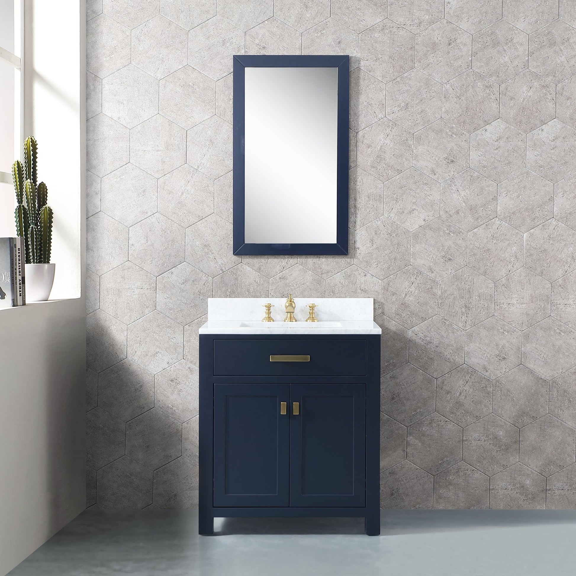 Water Creation MS30CW06MB-000FX1306 MADISON 30"W x 34"H Monarch Blue Single-Sink Vanity with Carrara White Marble Countertop + Faucets (F2-0013-06-FX)