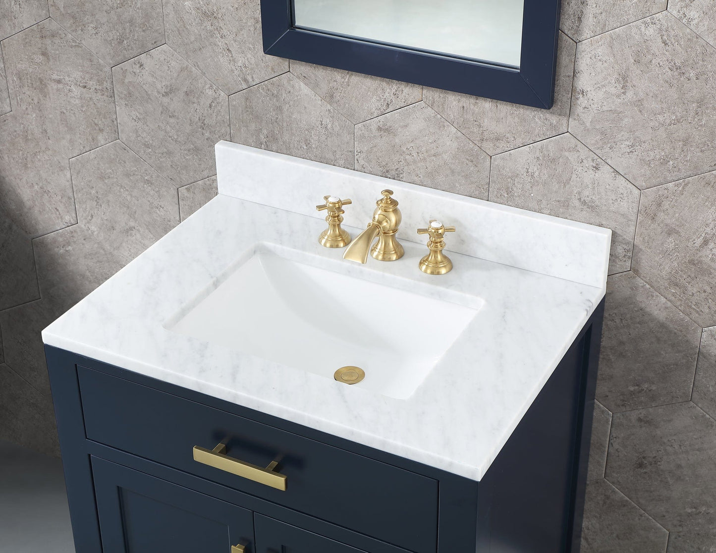 Water Creation MS30CW06MB-000FX1306 MADISON 30"W x 34"H Monarch Blue Single-Sink Vanity with Carrara White Marble Countertop + Faucets (F2-0013-06-FX)