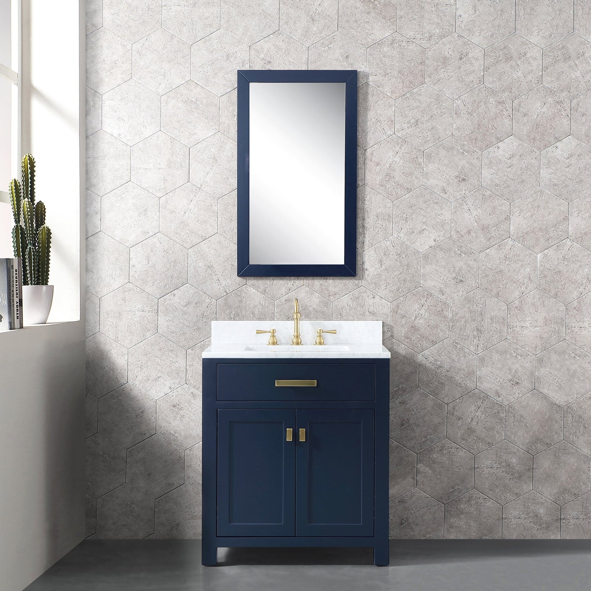 Water Creation MS30CW06MB-000TL1206 MADISON 30"W x 34"H Monarch Blue Single-Sink Vanity with Carrara White Marble Countertop + Faucets (F2-0012-06-TL)