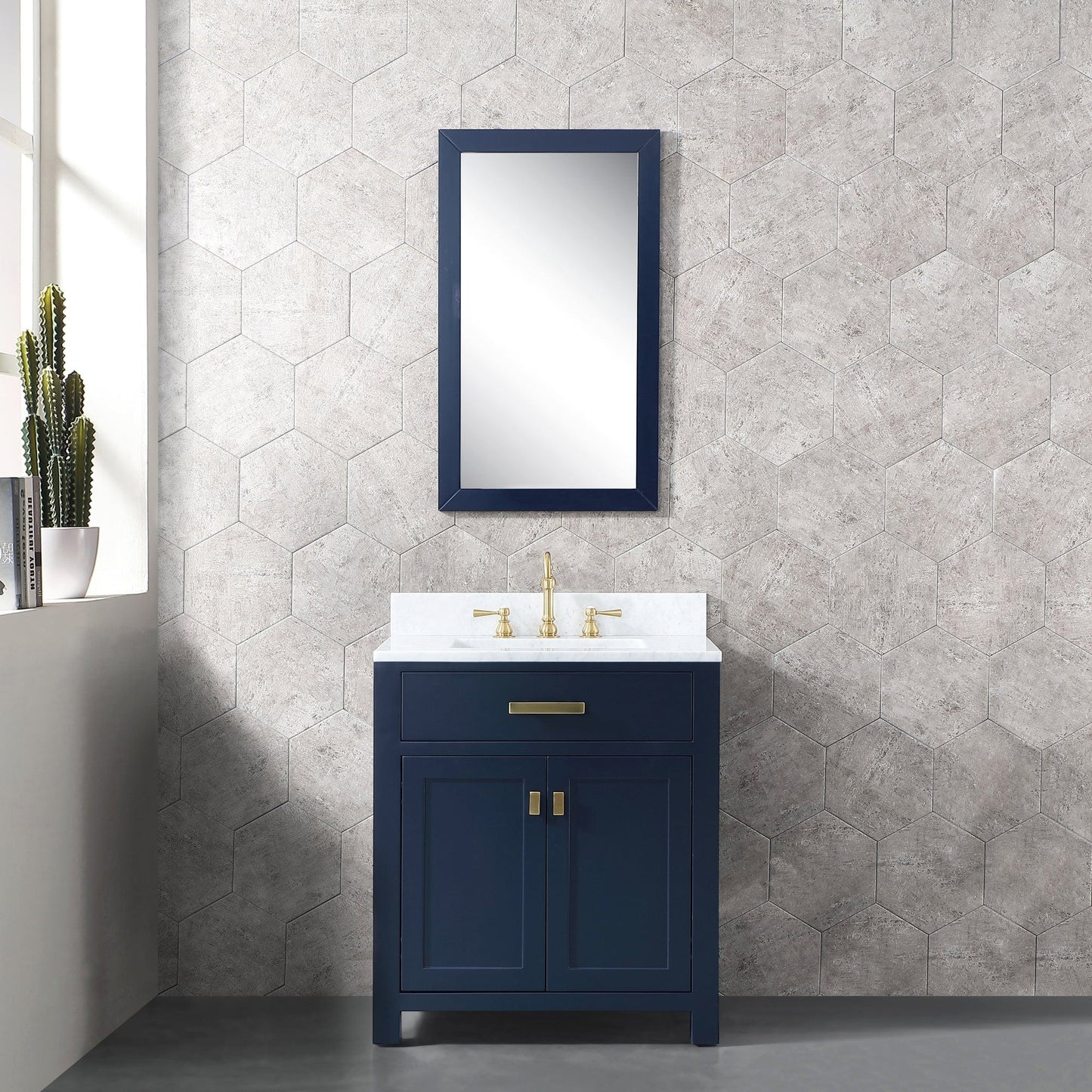 Water Creation MS30CW06MB-000TL1206 MADISON 30"W x 34"H Monarch Blue Single-Sink Vanity with Carrara White Marble Countertop + Faucets (F2-0012-06-TL)