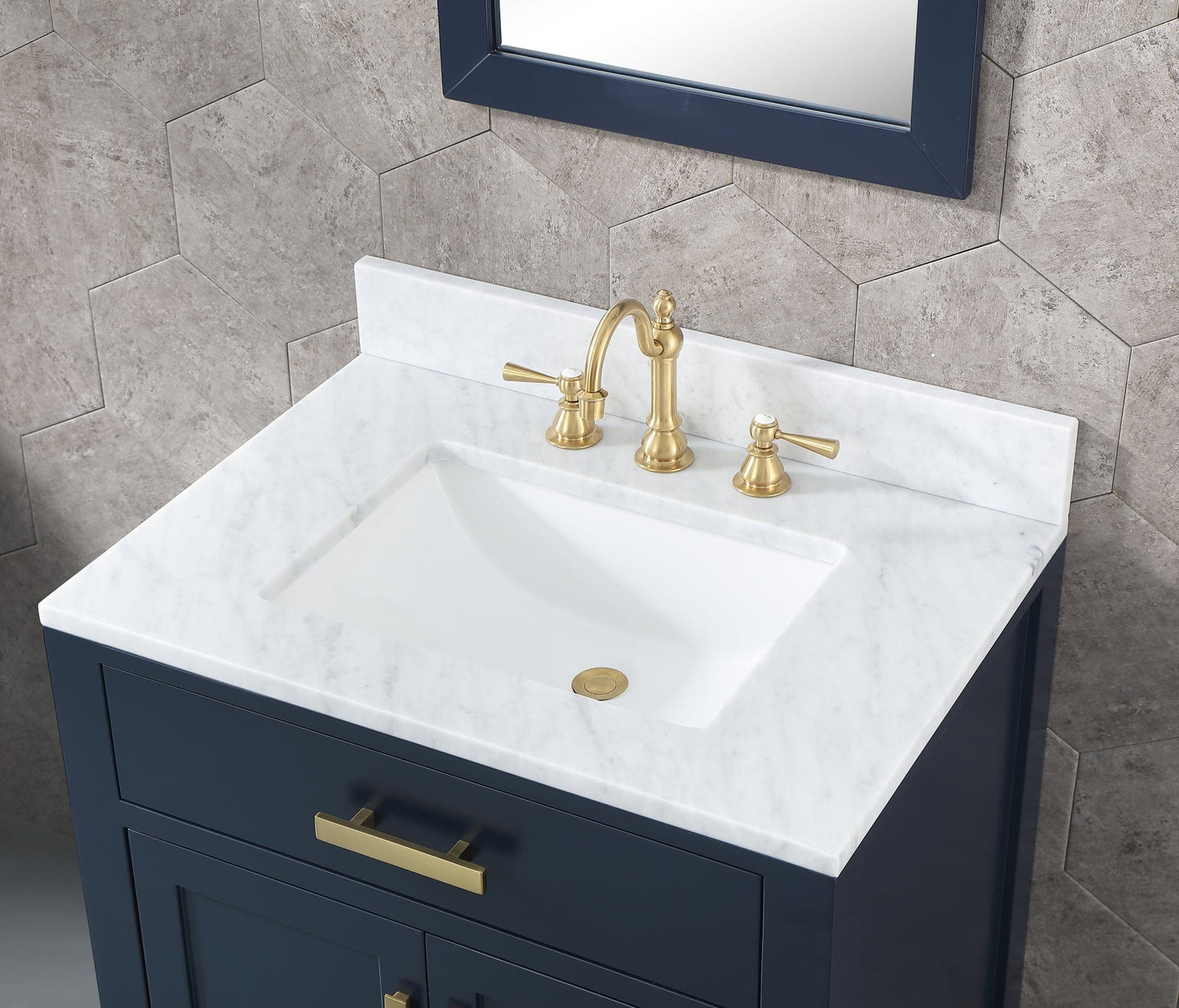 Water Creation MS30CW06MB-000TL1206 MADISON 30"W x 34"H Monarch Blue Single-Sink Vanity with Carrara White Marble Countertop + Faucets (F2-0012-06-TL)