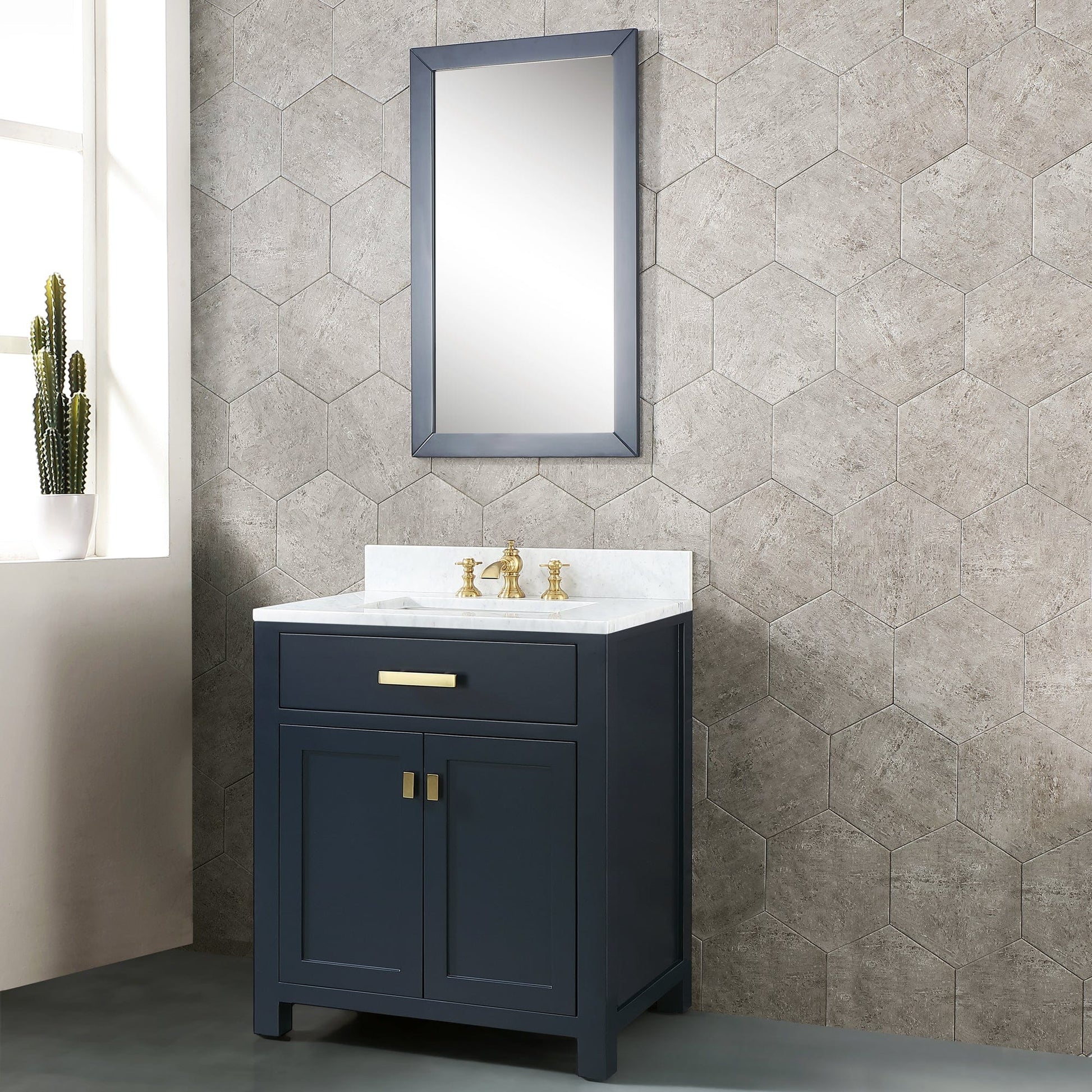 Water Creation MS30CW06MB-R21FX1306 MADISON 30"W x 34"H Monarch Blue Single-Sink Vanity with Carrara White Marble Countertop + Faucets & Mirror (F2-0013-06-FX)