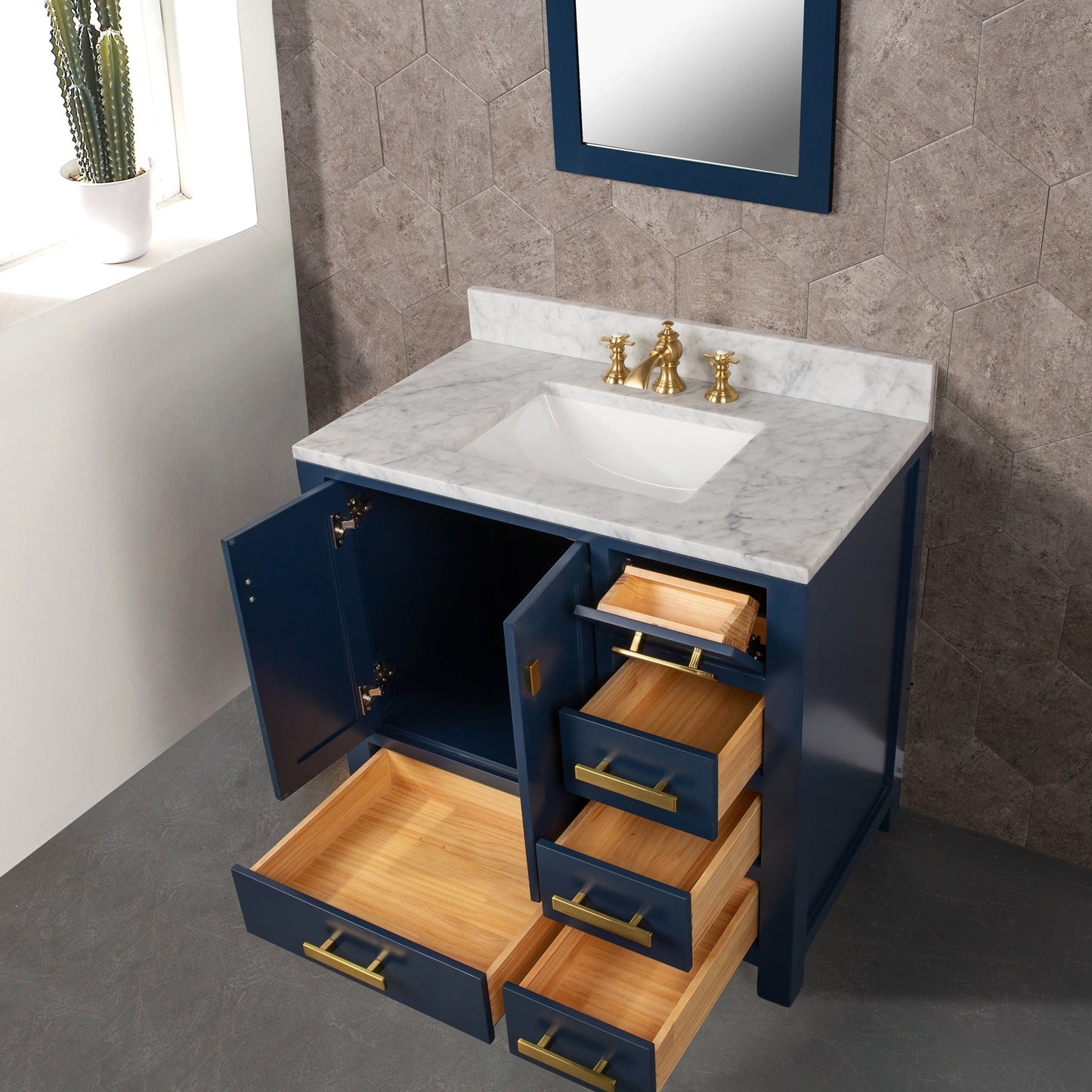 Water Creation MS36CW06MB-000FX1306 MADISON 36"W x 34"H Monarch Blue Single-Sink Vanity with Carrara White Marble Countertop + Faucets (F2-0013-06-FX)