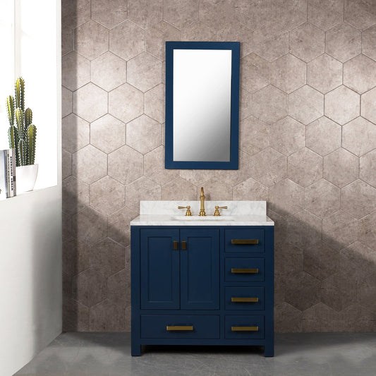 Water Creation MS36CW06MB-000TL1206 MADISON 36"W x 34"H Monarch Blue Single-Sink Vanity with Carrara White Marble Countertop + Faucets (F2-0012-06-TL)