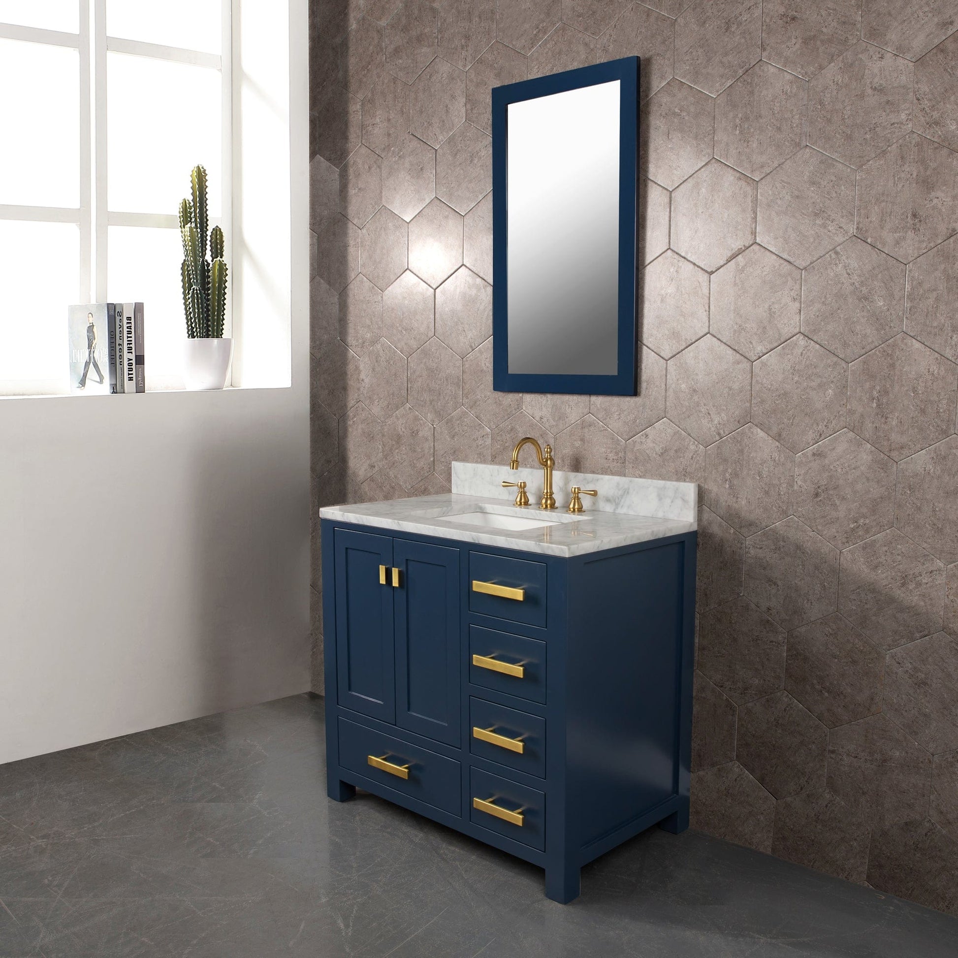 Water Creation MS36CW06MB-000TL1206 MADISON 36"W x 34"H Monarch Blue Single-Sink Vanity with Carrara White Marble Countertop + Faucets (F2-0012-06-TL)