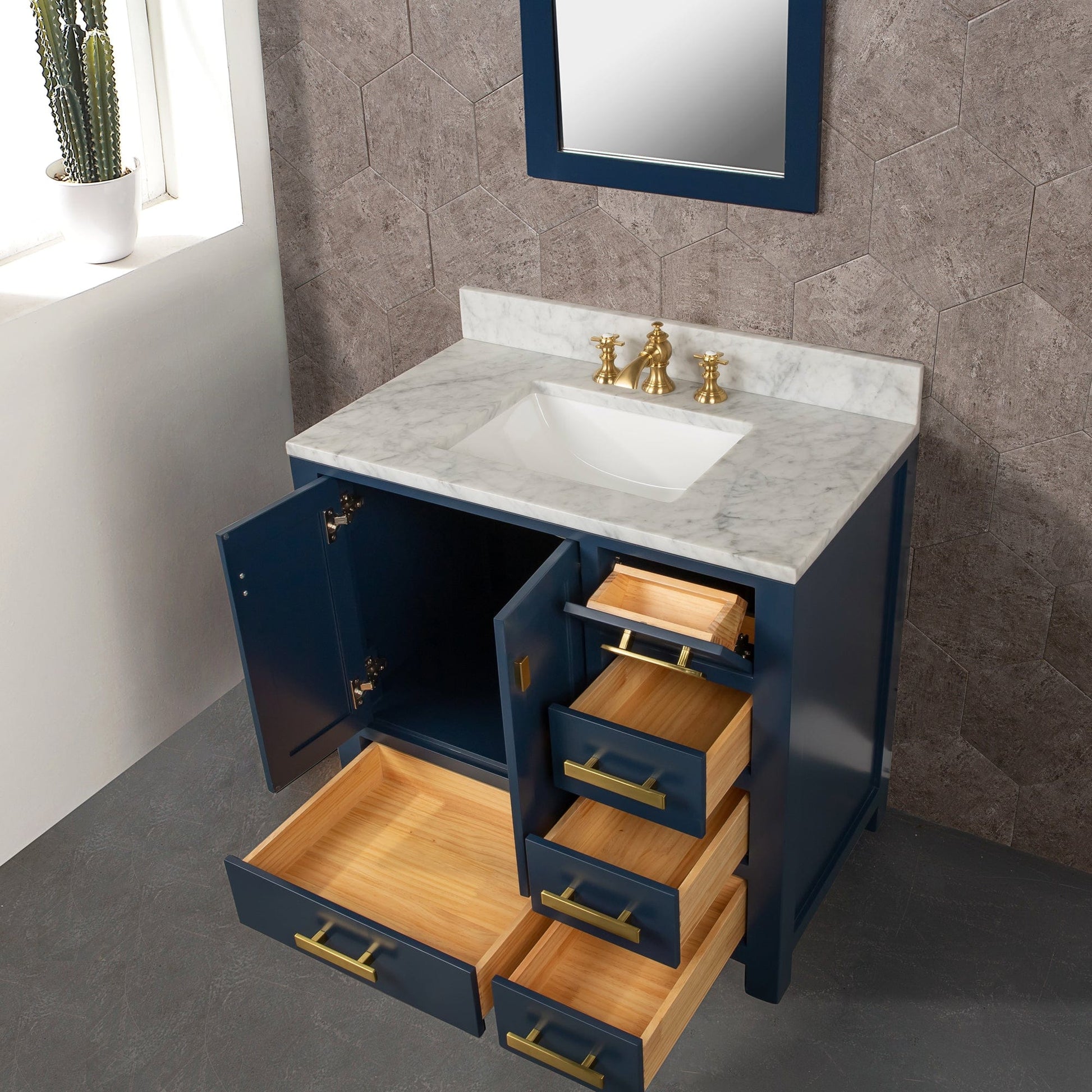 Water Creation MS36CW06MB-000TL1206 MADISON 36"W x 34"H Monarch Blue Single-Sink Vanity with Carrara White Marble Countertop + Faucets (F2-0012-06-TL)
