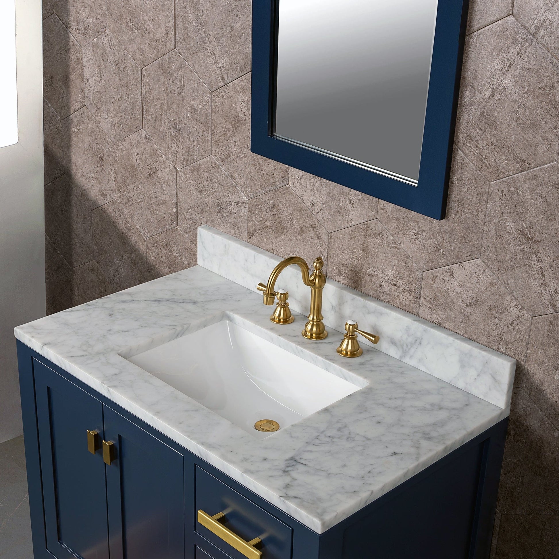 Water Creation MS36CW06MB-000TL1206 MADISON 36"W x 34"H Monarch Blue Single-Sink Vanity with Carrara White Marble Countertop + Faucets (F2-0012-06-TL)