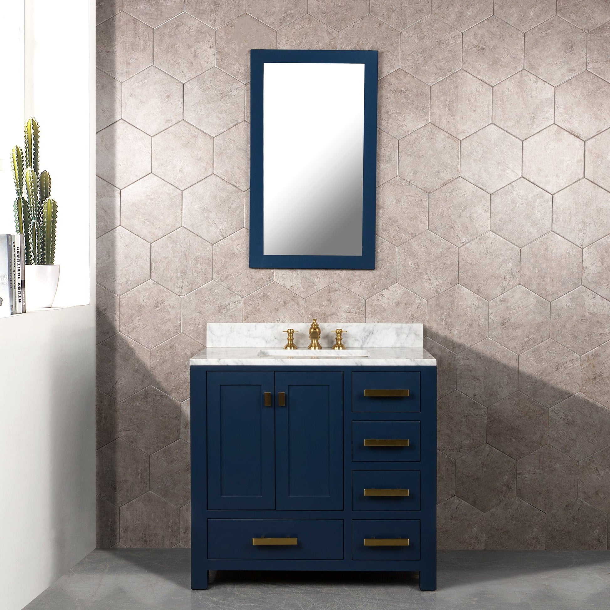 Water Creation MS36CW06MB-R21000000 MADISON 36"W x 34"H Monarch Blue Single-Sink Vanity with Carrara White Marble Countertop + Mirror