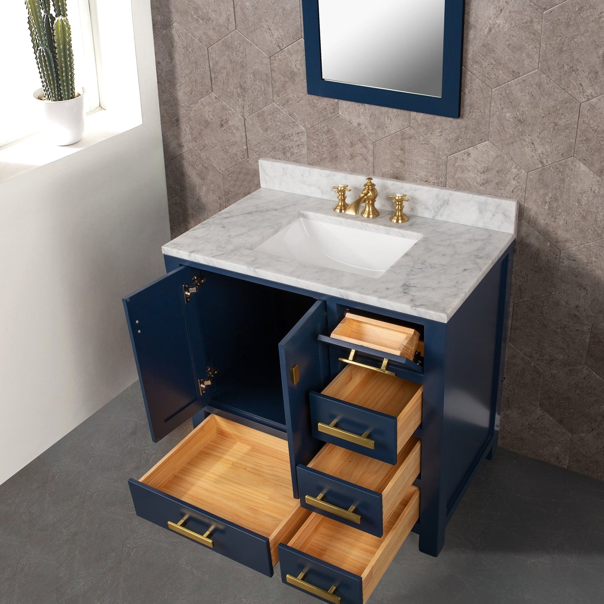 Water Creation MS36CW06MB-R21000000 MADISON 36"W x 34"H Monarch Blue Single-Sink Vanity with Carrara White Marble Countertop + Mirror