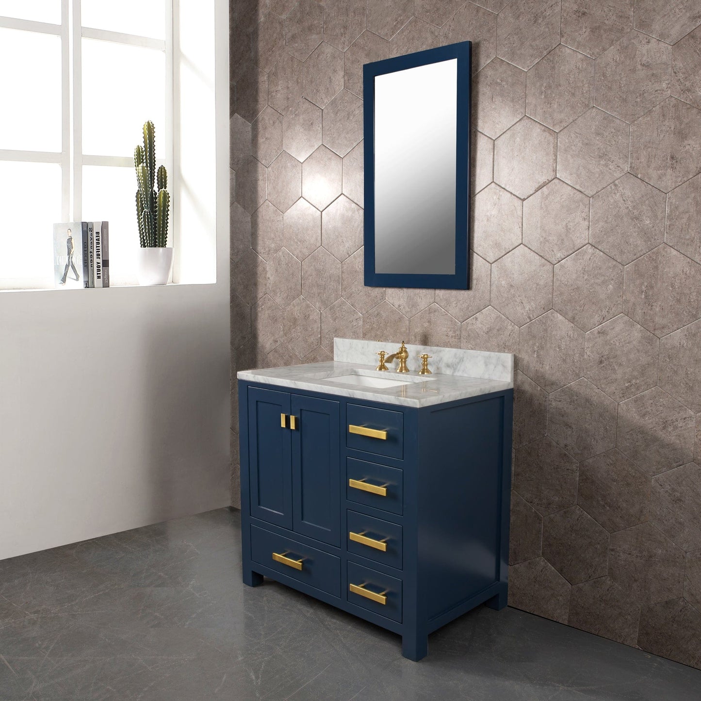 Water Creation MS36CW06MB-R21FX1306 MADISON 36"W x 34"H Monarch Blue Single-Sink Vanity with Carrara White Marble Countertop + Faucets & Mirror (F2-0013-06-FX)