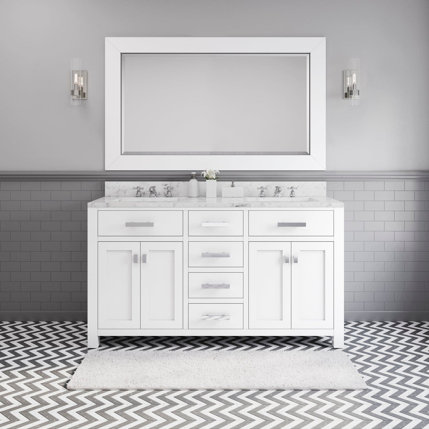 Water Creation MS60CW01PW-R60000000 MADISON 60"W x 34"H Pure White Double-Sink Vanity + Mirror