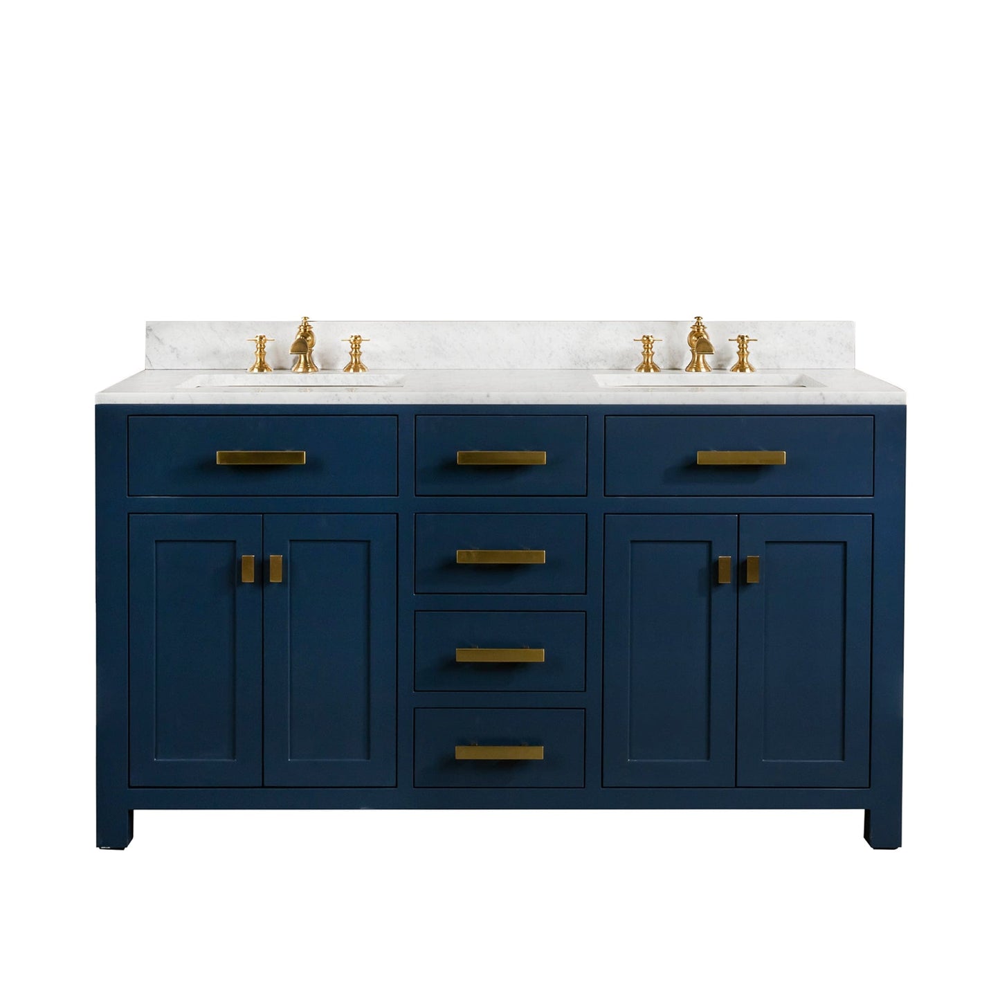 Water Creation MS60CW06MB-000FX1306 MADISON 60"W x 34"H Monarch Blue Double-Sink Vanity with Carrara White Marble Countertop + Faucets (F2-0013-06-FX)