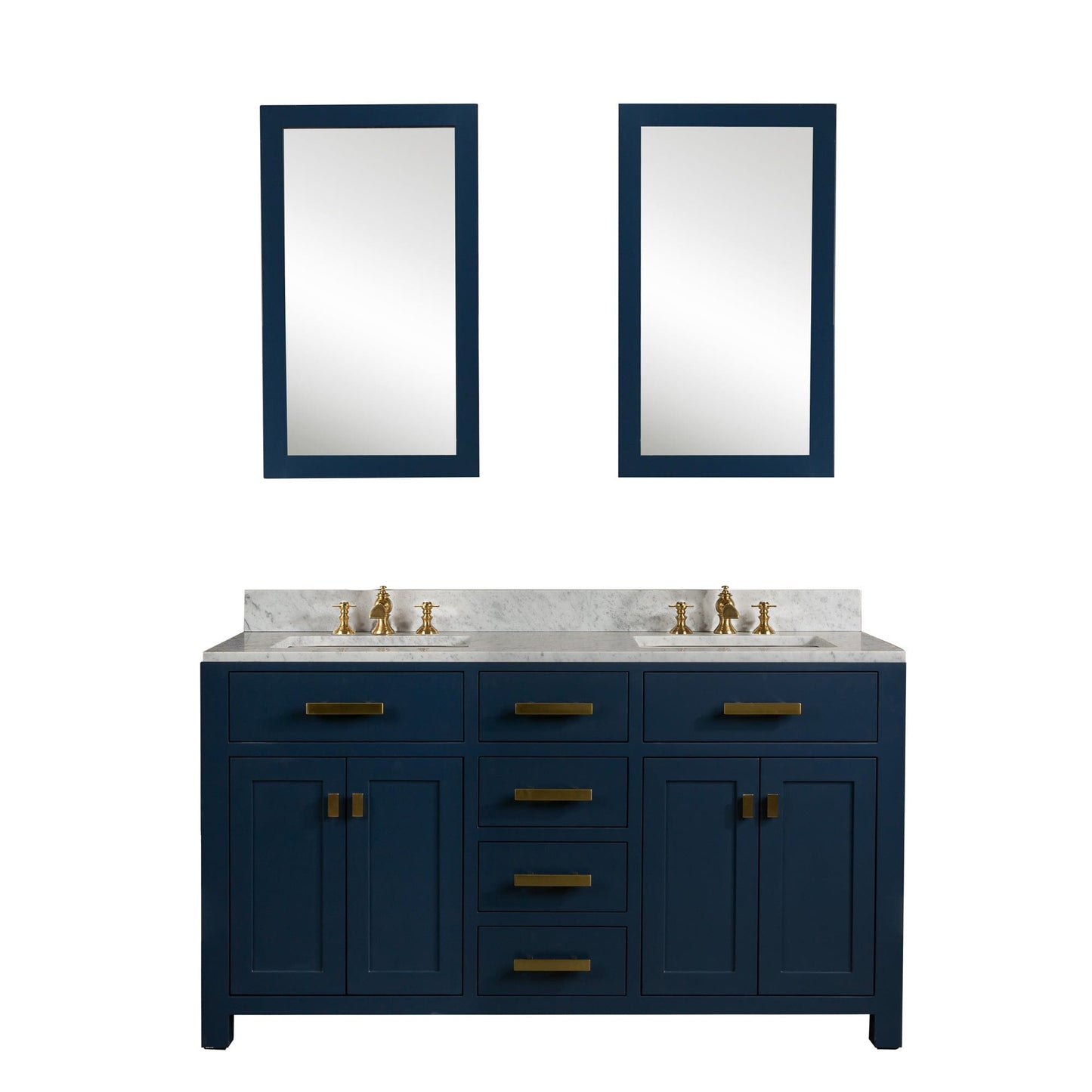 Water Creation MS60CW06MB-R21000000 MADISON 60"W x 34"H Monarch Blue Double-Sink Vanity with Carrara White Marble Countertop + Mirror